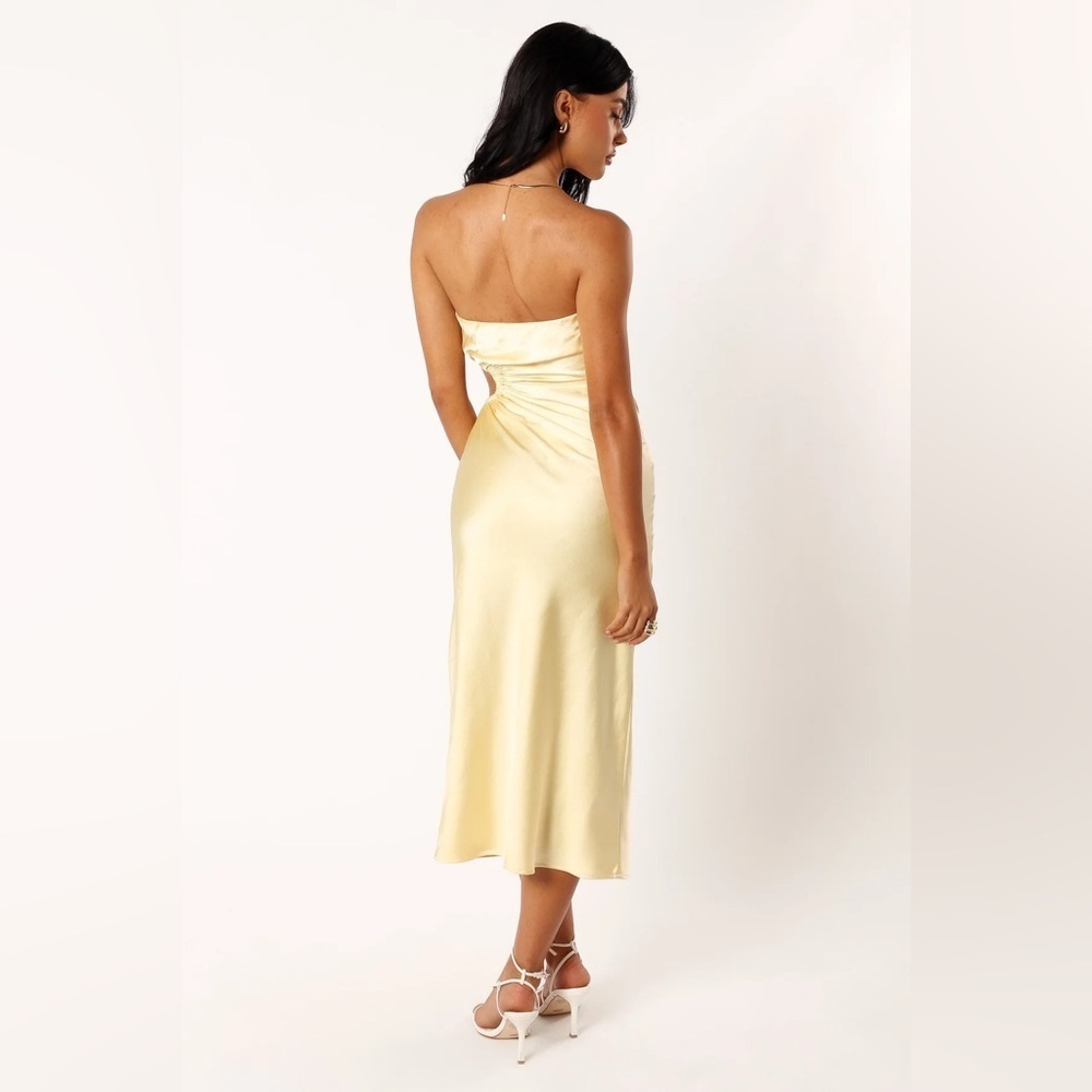 Saraya Midi Dress yellow butter strapless spring wedding elegant cut-out sleek - Picture 4 of 10